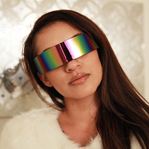 Black Retro Futuristic Single Shield Color Oversized Wrap Cyclops/Visor Sunglasses (Smoke, Midnight Green Mirror) - Thumbnail 2
