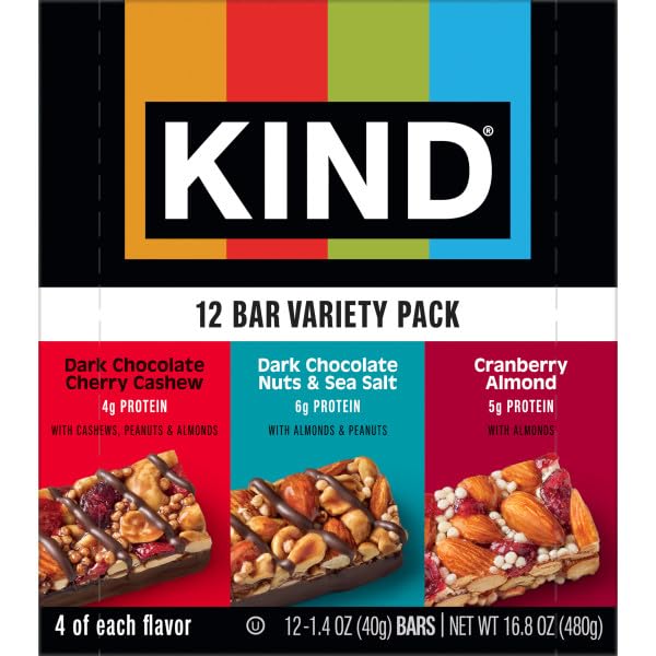 KIND HEALTHY SNACKS BARS VARIETY PACK, GLUTEN FREE, HIGH FIBER SNACKS, CRANBERRY ALMOND, DARK CHOCOLATE NUTS & SEA SALT, DARK CHOCOLATE CHERRY CASHEW, 4-6G PROTEIN, 12 COUNT