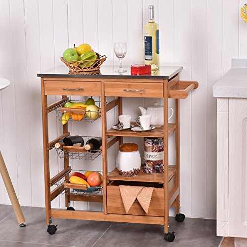 Bamboo Rolling Island Trolley Kitchen Cart Storage Shelf Drawers Basket Dining
