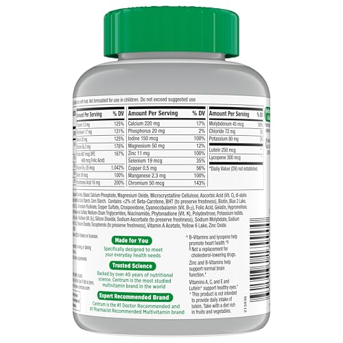 CENTRUM SILVER MULTIVITAMIN FOR ADULTS 50 PLUS, MULTIVITAMIN/MULTIMINERAL SUPPLEMENT, VITAMIN D3, B VITAMINS, GLUTEN FREE, NON-GMO INGREDIENTS, SUPPORTS MEMORY AND COGNITION IN OLDER ADULTS – 220 CT