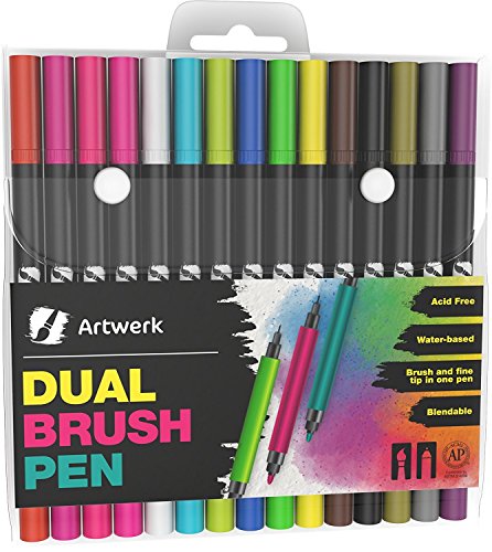 15 Pack Fine Point Brush Marker Pens [Bullet Journal] Dual Tip ArtWerk Colored Brush Pen 0.4 Fineliner Fine Point Markers Set - Dual Tips Art Supplies with Brush Tip - Best for Adult Coloring Books