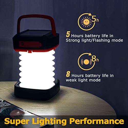 Quntis Rechargeable LED Camping Lantern - Outdoor Solar Powered Camping Flashlight - Mini Torch Hanging Light USB Charging for Hiking Tent Garden Patio Emergencies - Collapsible and Waterproof - Red - Thumbnail 2