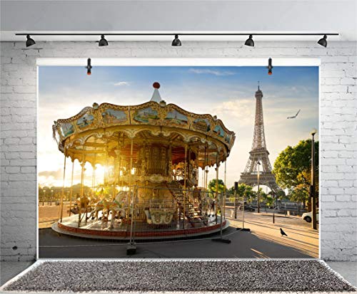 LFEEY 5x3ft Vinyl Eiffel Tower in Paris Backdrop Merry-go-Round Photography Background Holiday Travel in Park Holiday Party Backdrop Children Kids Adults Portraits Photo Studio Props