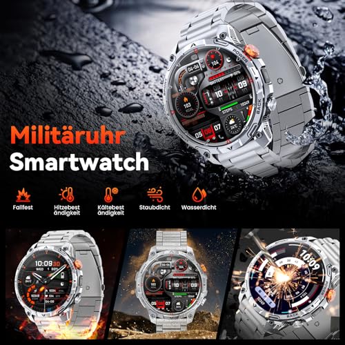 Men's Military Smartwatch with 1000 mAh Battery/2 Bracelets/1.75 Inch HD Large Display Sports Watch/110+ Sports Modes Fitness Watch/LED Torches/24/7 Heart Rate/Sleep Monitor/IP68 Waterproof for iOS