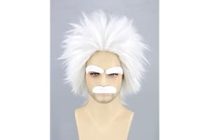 Topcosplay Mad Scientist Wig and Moustache Eyebrows Short White Halloween Costume Cosplay Wigs
