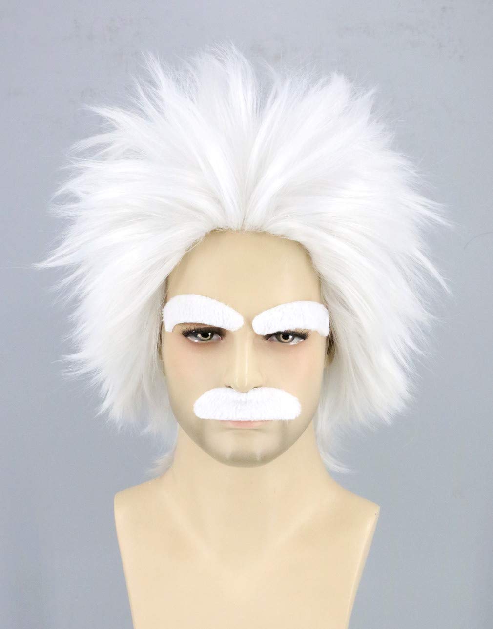 Photo 1 of Topcosplay Mad Scientist Wig and Moustache Eyebrows Short White Halloween Costume Cosplay Wigs