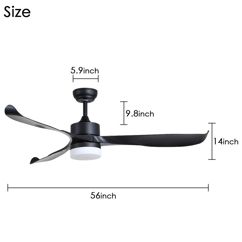 Indoor Ceiling Fan with LED Light and Remote Control, Noiseless and Reversible, DC Motor Ceiling Fan Light for Bedroom Living Room Dining Room (56inch, Black)