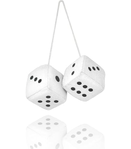 Pair Of 3" Hot Stamped Polka Dot Fuzzy Plush Dice – Car Rearview Mirror Hanging Decor, White, Easy Install - View #3