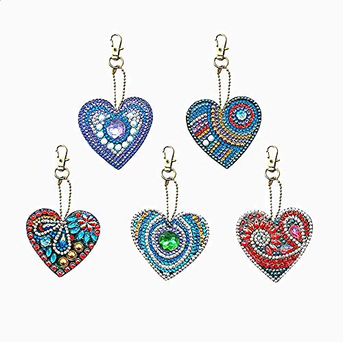 HuaCan 5 Pack DIY 5D Diamond Painting Keychain Round Drill Heart Keyring Crystal Rhinestone Bag Pendant Cross Stitch Mosaic Arts Craft Paint by Number Kits for Kids Adults