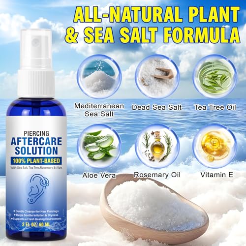 Piercing Aftercare Spray - Saline Solution Natural Keloid Bump Removal - Ear Piercing Cleaner Nose Septum Belly Button Cartilage - Seawater Disinfection Spray - Fine Mist 2 Fl Oz