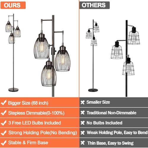 WAMBORY Dimmable Floor Lamp, 3 x 6W LED Bulbs Included, Farmhouse Industrial Floor Lamp with Rotary Switch, Vintage Tree Lamp with Elegant Teardrop Cage, Tall Standing Lamps for Living Room Bedroom