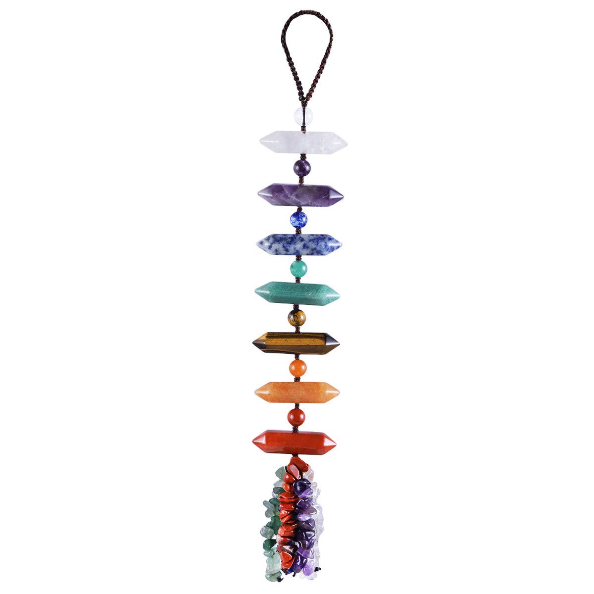 mookaitedecor Crystal Point Wands 7 Chakra Healing Crystal Hanging Ornament for Car Home Window Decoration, Hexagonal Point Gemstone Small Wall Art Hanging Good Luck Gift for Reiki Chakra Meditation