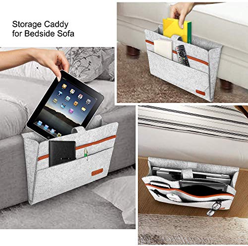 PUPOUSE Bett Organizer, Filz Betttasche Bett Organizer Anti-Rutsch Nachttisch Tasche Bettaufhänger Organizer Sofa für Buch, Zeitschriften, iPad, Handy, Fernbedienung, 34 x 36cm Grau