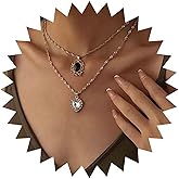 Andelaisi Boho Layered Crystal Heart Necklace Vintage Heart Pendant Necklace Oval Black Gemstone Choker Necklace Personalized Puffy Heart Chain Necklace Jewelry for Women