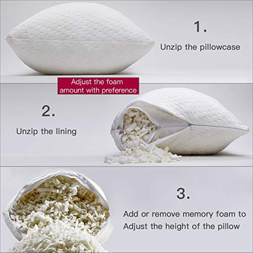 Fond Dream Hypoallergenic Memory Foam Bed Pillow Bamboo Queen Size Ivory Adjustable Loft Shredded Pillow for Home,Hotel Sleeping CertiPUR-US Certified (2 Packs) - 28\'\'x 20\'\'