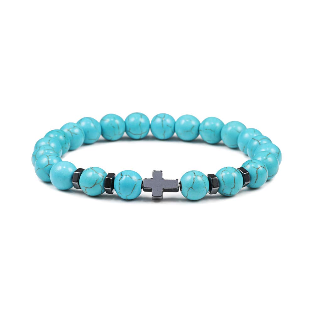 Hot Men Natural Lava Stone Bead Obsidian Bracelets Cross Rosary Meditation Prayer Jesus Turquoise Bracelet Women Yoga Jewelry,Blue,Adjustable