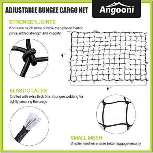 Angooni 4' x 6' Heavy Duty Cargo Nets for Pickup Trucks - Stretches to 8'x12', 4"x4" Mesh Holes Bungee Truck Bed Net with Premium Carabiners Clips