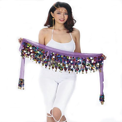 OMYFAIRY Belly Dance Hips Scarf Sequin Chiffon Skirt Wrap with Coin Waistband (purple)