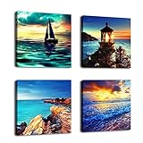 Canvas Wall Art Sunset Sea Beach Painting 12" by 12" 4 Pieces Canvs Art Nature Picture Framed and Ready to Hang (Office Product)