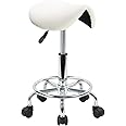 KKTONER Saddle Stool with Foot Rest PU Leather Swivel Adjustable Rolling Stool with Wheels Facial Salon Chair (White)
