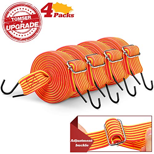 Bungee Cord, 80" Flat Adjustable Bungee Cords 4 Pack Bungee Straps with Adjustable Length Metal Buckle & Hooks for Hand Carts, Heavy Duty Cargo, Luggage Rack, Camping, Gardening, Clothesline