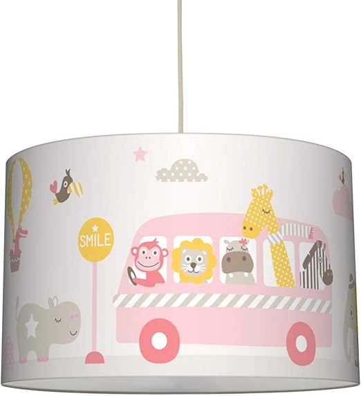 Lovely Label Hangelampe Tiere On Tour Rosa Beige Gelb Lampenschirm Fur Kinder Baby Schirm Mit Tieren Bus Heissluftballons Komplette Hangeleuchte Fur Kinderzimmer Madchen Junge Amazon De Kuche Haushalt