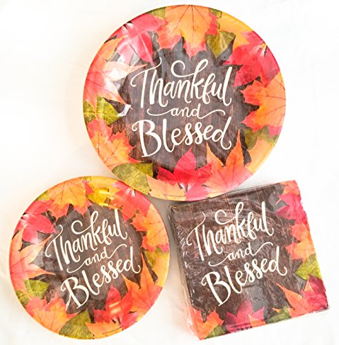 Thanksgiving, Harvest or Fall Party Dinnerware Bundle: Thankful and Blessed - Disposable Paper Plates & Napkins - Set of 3: 20 Dinner Plates, 20 Dessert or Appetizer Plates, 50 Napkins