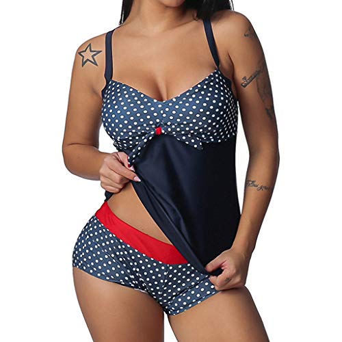 Women Tankini Tank Swimwear - Plus Size Strap Push Up Padded Bra Swimsuit - Vintga Dot Knot Front Boyshorts Beachwear (XL, Dark Blue)