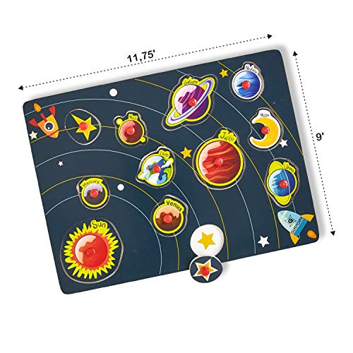 Wooden Peg Puzzle, Planets Theme - Learning Educational Pegged Puzzle for Toddler & Kids (12 pcs) Gleeporte