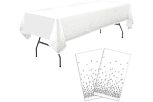 PARTY ULYJA Silver Polka Dots Confetti Plastic Tablecloths 2 Pack White Disposable Table Covers Bridal Shower 54 x 108 Inch Table Cloths for Picnic Birthday Wedding Parties 8 ft Rectangle Table