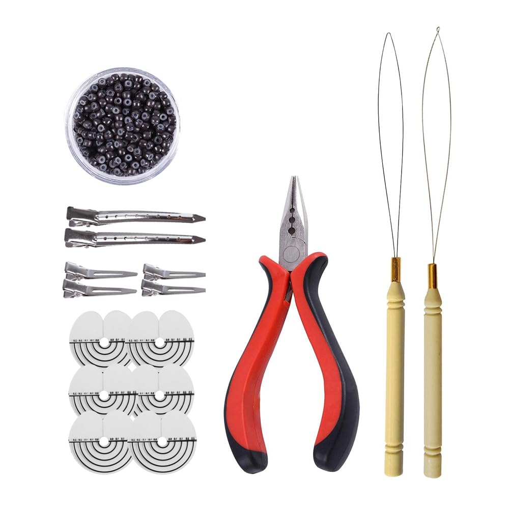 Hair Extensions Tools Kit: 3 holes Hair Pliers, Pulling Needle Loop Threader and 500 Pieces 3.0mm Silicone Lined Nano Beads Rings (Dark Brown)