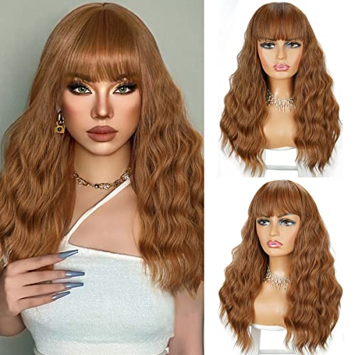 Brown Wigs, Long Brown Wig with Bangs, Long Curly Wavy Hair Wigs for Women, Heat Resistant Fiber Synthetic Daily Party Cosplay Wigs for Girl
