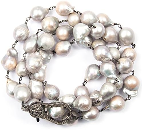 Pavé Diamond Clasp and Large Baroque Grey Pearl Wire Wrapped Necklace - 36 inches Long Handmade Necklace by Miller Mae Designs