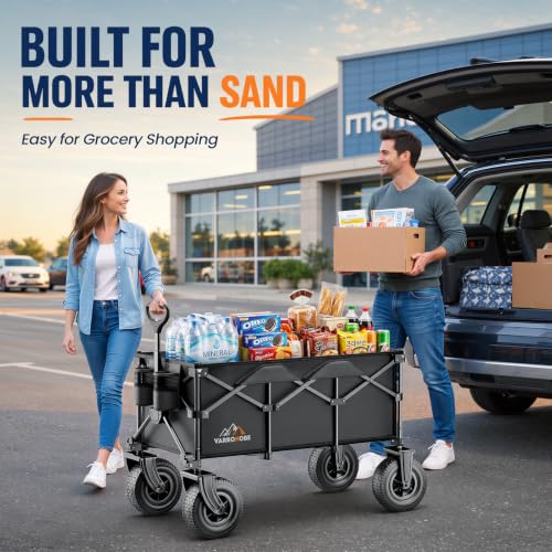 All-Terrain Beach Wagon with 10" x 3.5" Big Inflatable Rubber Wheels for Sand, 220L Collapsible Utility Wagon, 400 lbs Heavy Duty Folding Cart with 2 Cup Holders for Camping, Sports, Garden, Black
