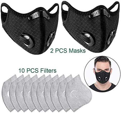 URMax 2 PCS Dustproof Mask, Anti Pollution Face Mask with 10 PCS PM2.5 Activated Carbon Filters Breathable Protective Sports Masks for Running Cycling Outdoor Activities