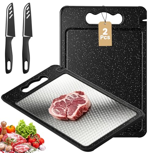 2PCS Tabla para Picar de Doble(Acero Inoxidable+PP)–36.5×25CM,Titanium Cutting Board,Tabla de Cortar Cocina para Carne,Frutas,Verduras,Colgable,Lavavajillas,Duradera y Anticorrosiva
