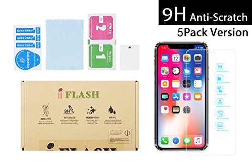 [5 Pack Promotion] iFlash Tempered Glass Screen Protector for Apple iPhone X/XS 2017 2018 â€“ Crystal Clear / 2.5D Rounded Edges / 9H Hardness/Scratch Proof/Bubble Free/Oleophobic / Case Friendly