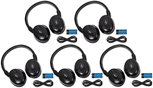 5 Pack of Two Channel Fold Flat Adjustable Universal Entertainment System Infrared Headphones 5 Additional 48" 3.5mm Auxiliary Cords Wireless IR DVD Player Head Phones Car TV Video Audio Listening