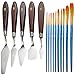 5 Pcs Palette Knives Set with 10 Pcs Painting Brushes, FineGood Stainless Steel Spatula Oil Paint Metal Knife Wood Handle and Nylon Hair Brushes for Artists Beginners