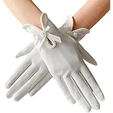 Goiruiya Women's Elegant Bow Pearl Flower Gloves Short Satin Gloves Opera Dinner Party Glove