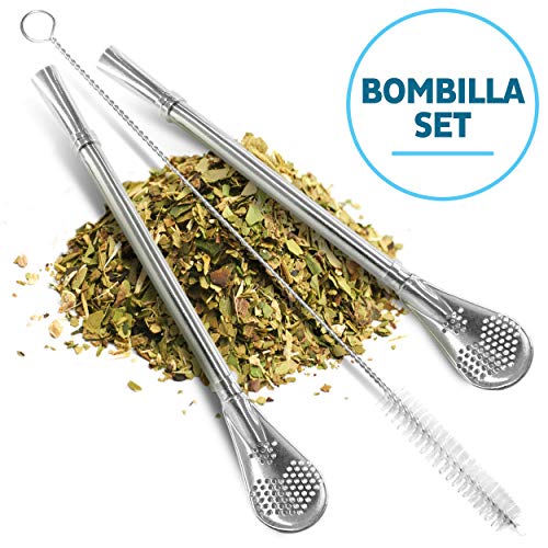 Yerba Mate Bombilla Straw Set of 2 with Cleaning Brush | Reusable Stainless Steel Straws | Bombilla Set for Mate Gourd/Cup | Premium Quality