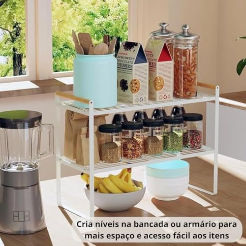 Prateleira Organizadora de Cozinha 2 Andares 33x33x20cm | Organizador de Armário Aramado em Metal Resistente com Cabo de Madeira Antiferrugem para Louças e Utensílios (Branco)