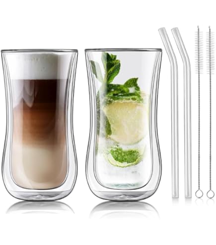 Aquach Double Wall Glass Coffee Cups - 16oz Insulated Drinking Glasses (2-Pack)