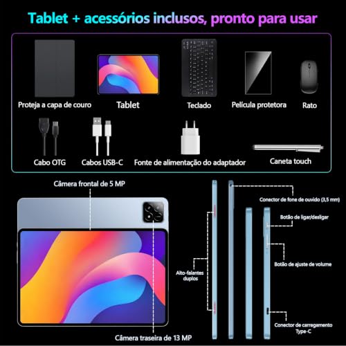 Tablet Xixaomiro S11 Pad 10.1" Android 15, 256GB ROM + 20GB RAM, Tela 120Hz, Octa-Core, Câmera 13MP + 5MP, Bateria 8000mAh, Kit com Teclado, Mouse e Caneta Stylus para Trabalho e Estudos (Azul)