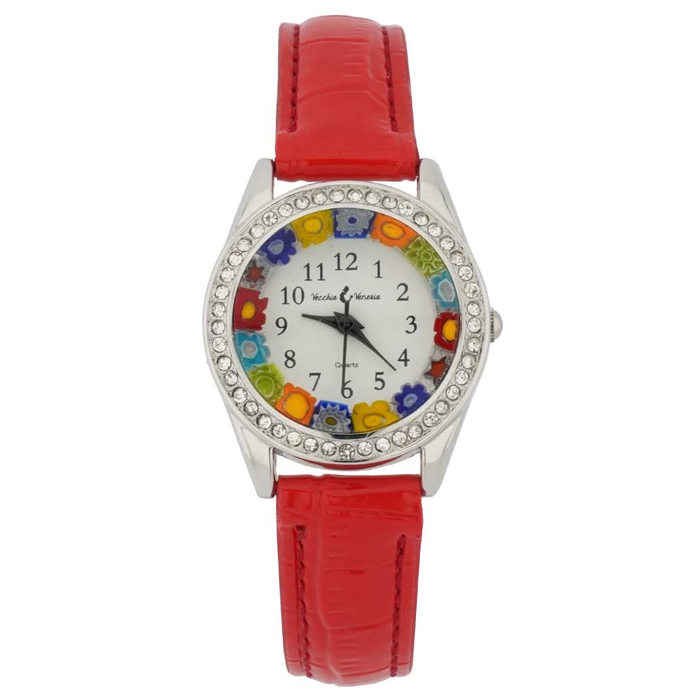 Glass Of Venice Murano Glass Watch Millefiori and Crystals with Leather Band - Red