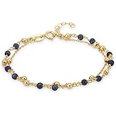 Vanbelle 18K Gold Plated Jewelry - Double Layered Beaded Chain Bracelet with Natural Lapis Stones - Beautifully Handcrafted for Women - 6.5" Long + 1" Extender