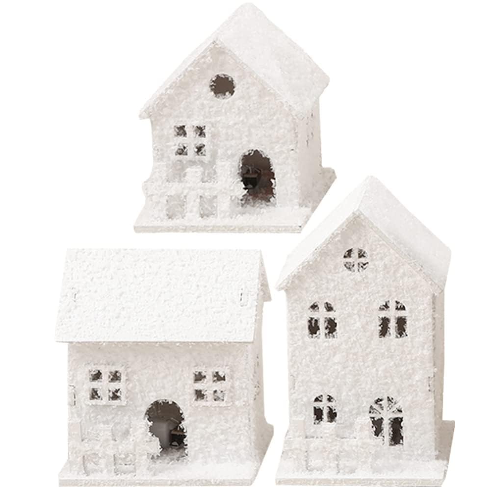 TOYANDONA Christmas Village Houses White, 3Pcs LED Lighted Christmas Village Houses Wooden Xmas Snow Village Houses for Tabletop Mantle Decor Christmas Collectible Buildings