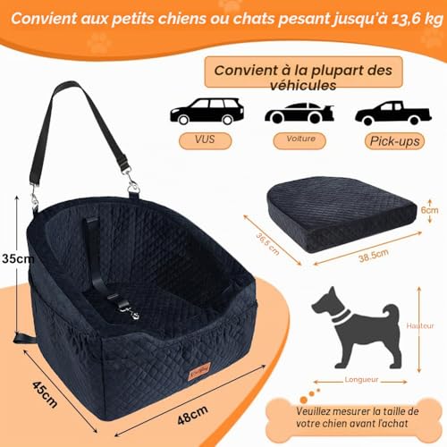 Vivifying Car Seat for Small Dogs, Removable and Washable Booster Seat for Pets up to 10 kg - Travel Bed with Storage Compartments and Seat Belt (Black)