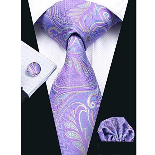 Hi-tie mens purple paisley silk tie hanky cufflinks set…