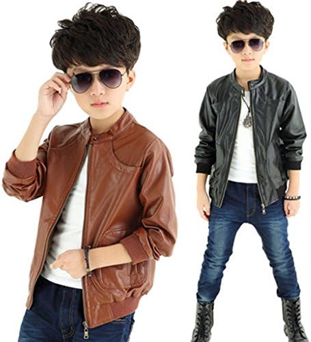 LUCKFACE Boy's Trendy Stand Collar PU Leather Moto Jacket Leather Coat (3-12) T